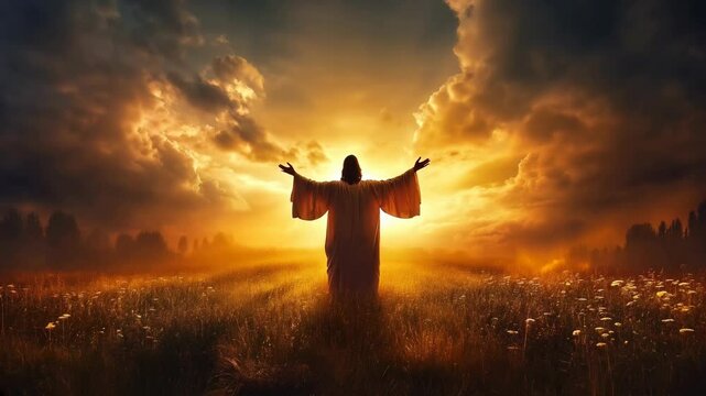 The Christ is illuminated by a brilliant light, standing with outstretched arms in a landscape filled with swirling clouds and majestic mountains. This powerful presence evokes a sense of awe.