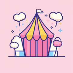 Circus tent with cotton candy and clouds on pink background