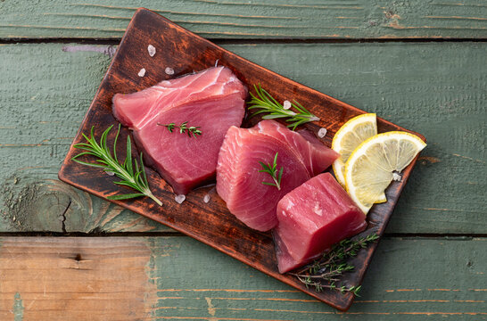 Raw tuna steak ( fillet ) photography . Top view