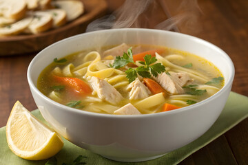 Hot chicken noodle soup with vegetables and lemon wedge in white bowl