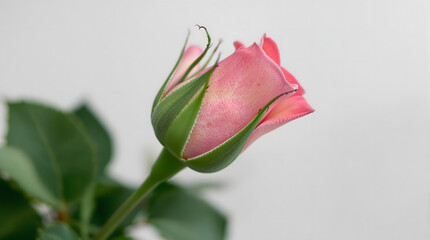 Fototapeta premium Close-up of a pink rosebud, fresh and dewy, delicate beauty with green leaves, elegant floral detail, copy space