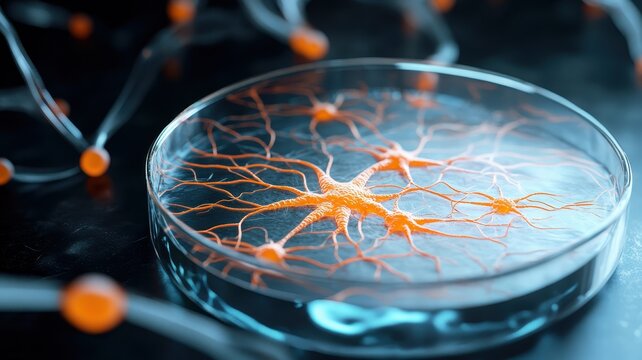 Neural precursor cells in a labeled Petri dish, showcasing cellular growth and differentiation in a controlled environment.
