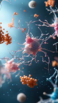 Neural precursor cells interacting in a dynamic cellular environment, showcasing their vital role in brain development.