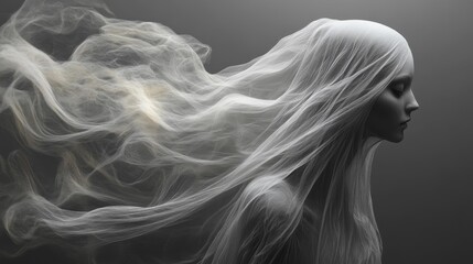 Mysterious ethereal ghost figure with flowing veil in fog. Generative AI