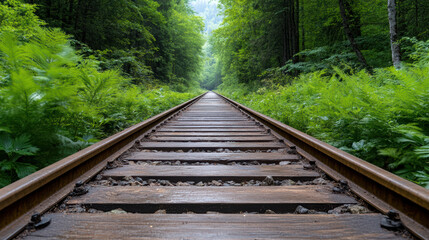 Fototapeta premium Overgrown railway tracks surrounded by lush green foliage create serene atmosphere