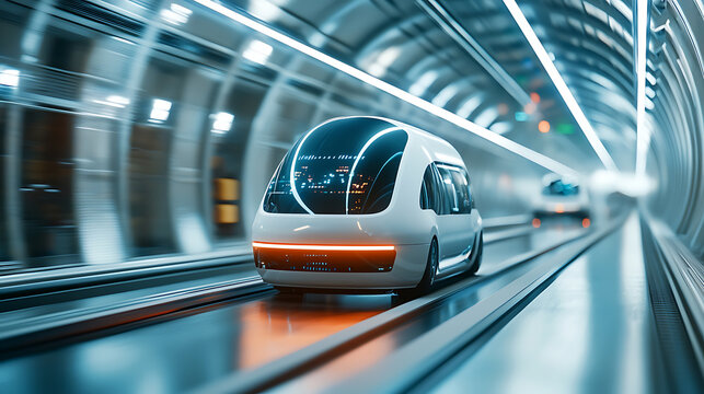 Futuristic autonomous vehicles in action underground transport system digital art high-tech environment dynamic perspective innovation concept