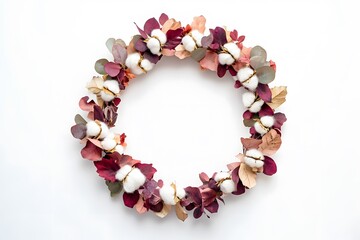 Dried floral wreath with cotton and eucalyptus on white background.