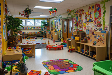 Fototapeta premium Colorful and vibrant preschool classroom filled with toys, educational posters, and playful decor