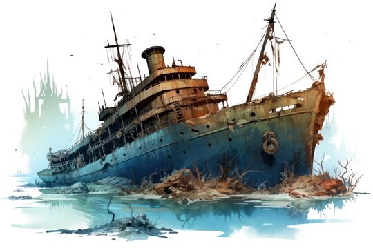 Ship watercraft shipwreck vehicle, digital paint illustration. image