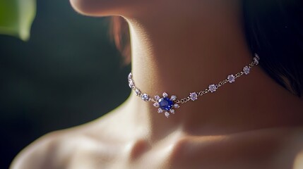 A woman wearing a blue necklace with a blue stone pendant