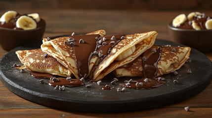Scrumptious chocolate banana crepes presented in a minimalistic bright tone modern aesthetic blurred background with blank caption space on the side inviting calmness elegance and indulgence

