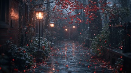 Fototapeta premium Enchanted Autumn Lane: A Rainy Night in Red
