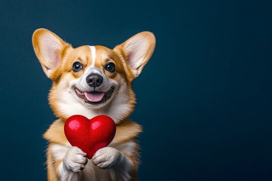 Cute pembroke welsh corgi pooch with diamond red heart - emblem of love, funny greeting card. Promotion concept art artwork. Pembroke welsh corgi - my treasured dog. Dogs and love. Red heart.