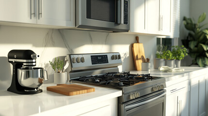 Fototapeta premium Kitchen counter top with microwave oven, gas stove, electric blender and cutting board. 3d design visualization, white table with marble countertop, cabinets and towel, Realistic vector rendering