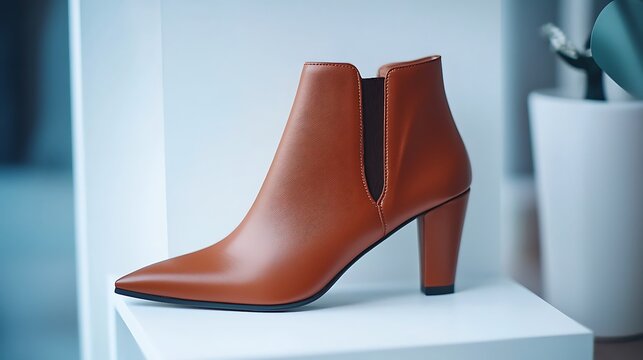 A brown boot with a pointed toe sits on a white pedestal
