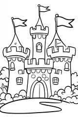 Fototapeta premium A simple black and white drawing of a fairytale castle with three towers, a drawbridge, and flags.