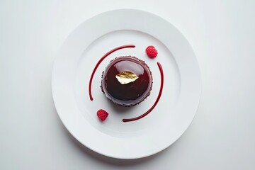 minimalist dessert with chocolate ganache and edible gold leaf cinematic orthogonal shot of luxurious chocolate ganache