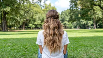 Obraz premium woman with long, wavy hair sits on grass in park, enjoying nature