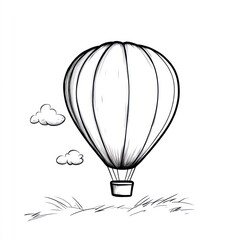 Obraz premium A simple black and white line drawing of a hot air balloon with clouds and grass.