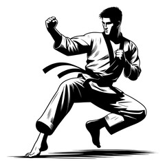 Fototapeta premium Isolated black and white vector illustration of a male taekwondo athlete in a ready pose on a white background.