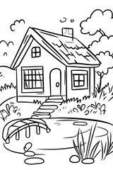 A simple black and white line drawing of a small cottage with a pond and a bridge in front of it.