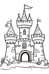 Fototapeta premium A simple line drawing illustration of a fairytale castle with three towers, windows, an arched doorway, and grass.