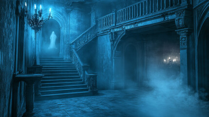 Hall interior with ghost in medieval royal castle at night. Vector cartoon illustration of empty hallway in baroque palace with stairs, balustrade, glowing candles and mystical fog