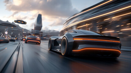 Obraz premium Futuristic high-speed vehicles with glowing outlines urban landscape digital art nighttime environment dynamic viewpoint innovative transportation concept