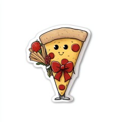 Obraz premium Cute pizza slice character with strawberry and bow