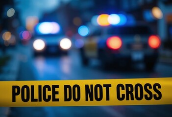 Blurred police cars with flashing lights create a tense atmosphere behind 'Police Do Not Cross' tape on a dimly lit street.