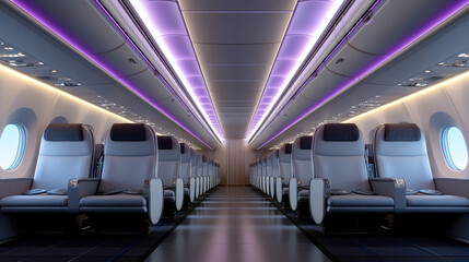 Fototapeta premium Luxurious airplane interior with spacious seating and ambient lighting