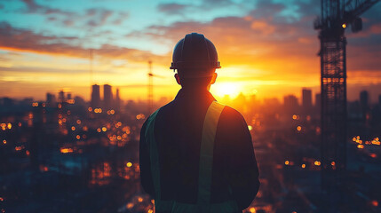 Small silhouettes of workers on a construction site at sunset minimalistic bright tone modern blurred empty blank caption space on the side symbolizing teamwork progress and transformation


