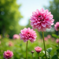 Obraz premium Pink dahlias sway gently in the summer breeze, garden plants, garden blooms