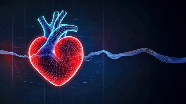 A glowing red and blue human heart with a wave line on a dark background, symbolizing cardiovascular health, heart failure symptoms, and electro cardiologist focus