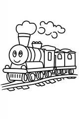 A simple line drawing of a smiling cartoon train with three cars.