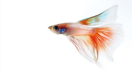 Obraz premium A single guppy, with its colorful tail fin fanned out, darting through the clear water of a home aquarium.