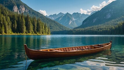 Obraz premium Paddling through tranquil waters as mountains rise majestically under a bright blue sky at a hidden lake