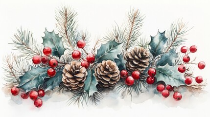 Winter watercolor arrangement of holly leaves pinecones and red berries. Generative AI