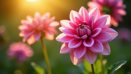 Obraz premium Pink dahlias unfurl their delicate petals in the sun, plant growth, flower blooms