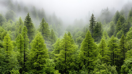 Obraz premium Dense forest shrouded in mist, showcasing vibrant green trees and tranquility