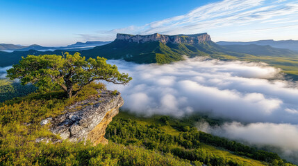 Obraz premium Breathtaking mountain peak surrounded by clouds at sunrise, showcasing nature beauty