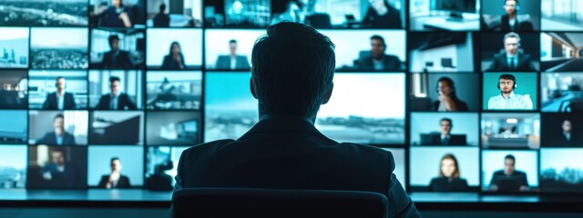 Businessman Observing Multiple Video Conferencing Screens in Modern Office Environment