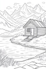 A small wooden cabin sits by a lake with mountains in the background, ready for coloring.