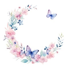 Fototapeta premium Butterflies frame watercolor flower pattern wreath.