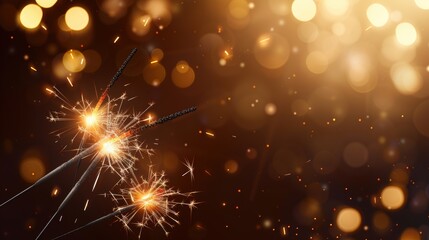 Obraz premium A festive display of sparklers illuminating a dark background with golden bokeh lights, creating a celebratory atmosphere.