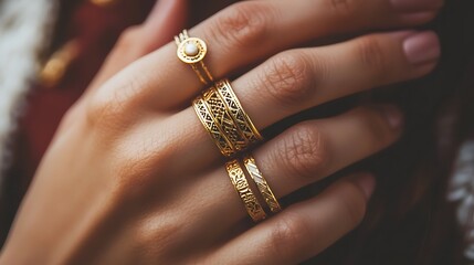 A woman is wearing a gold ring with a white circle on it