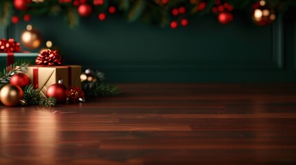 A festive scene featuring Christmas decorations, gift boxes, and ornaments on a wooden surface, creating a warm holiday atmosphere.