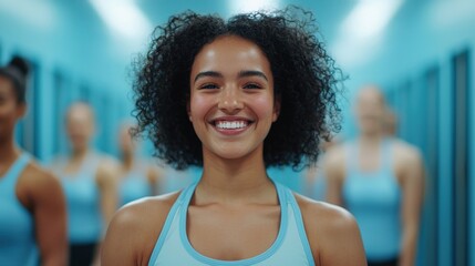 Happy young athlete with curly hair smiling in a bright turquoise gym setting with fitness enthusiasts behind