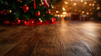 A cozy Christmas scene featuring a beautifully decorated tree with red ornaments, glowing lights, and a wooden floor, evoking a warm holiday atmosphere.