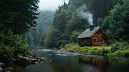 Obraz premium Secluded Wooden Cabin by a Serene River in a Lush Forest